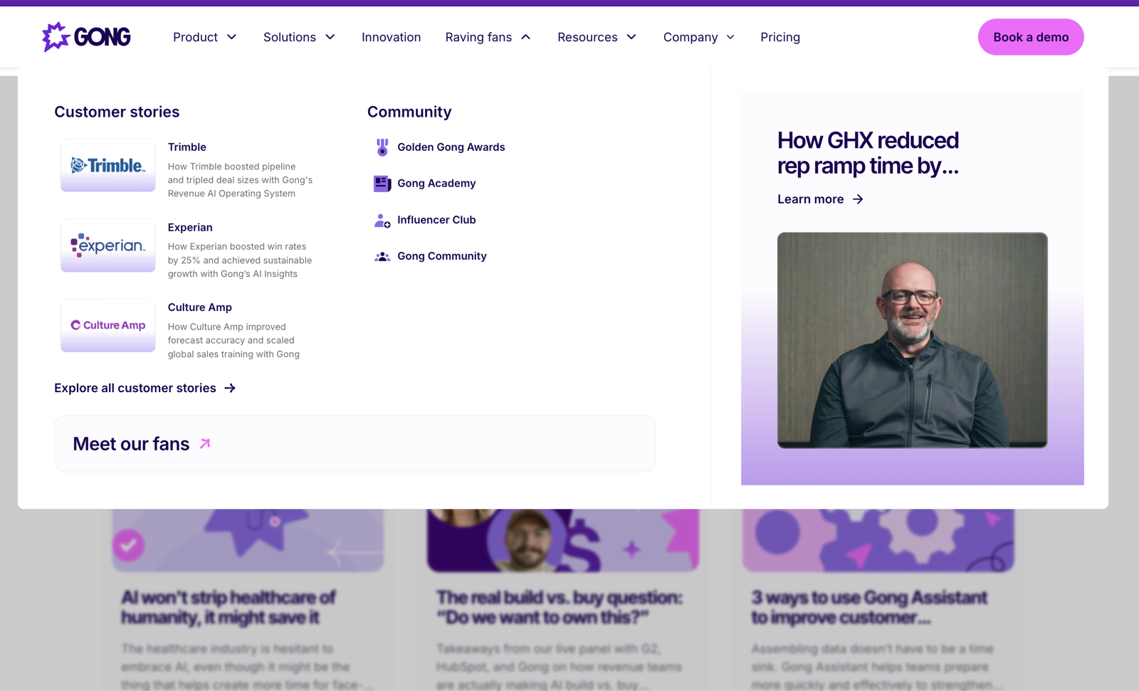Gong's "Raving fans" menu: customer stories, a community, awards, and an influencer club, all putting customers front and center - Heyou demand generation guide